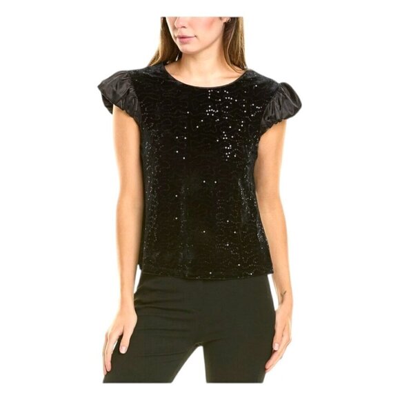 NWT Nanette Nanette Lepore Embroidered Black Velvet Silk Top Back Bow Sz Medium - Picture 1 of 14